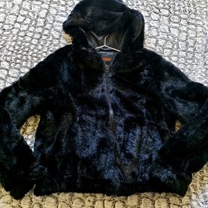 Furry black zip up jacket with hood
